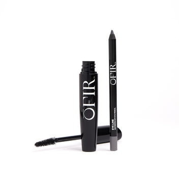 Black mascara with a wand and a matching waterproof eye pencil, both featuring a sleek design and branded with "OFIR."