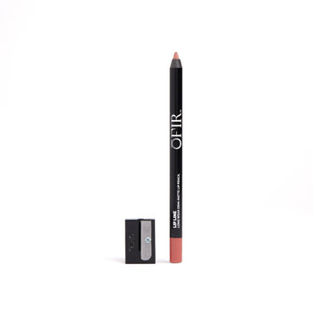 A black lip pencil with a pink tip is paired with a matching sharpener, both branded with OFIR.