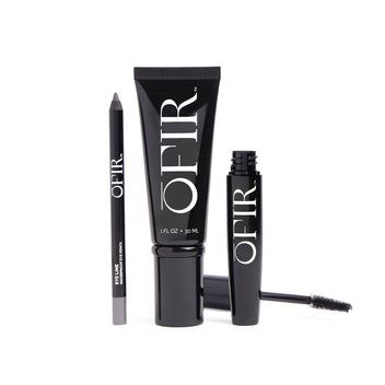 Black packaging cosmetics set featuring an eyeliner pencil, a cream tube, and a mascara, all labeled with the brand name Ofir.