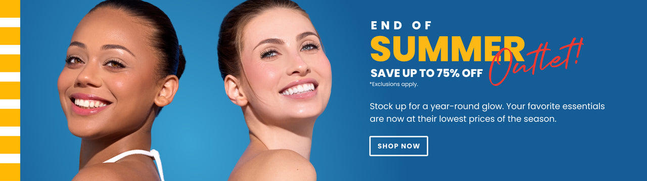 End of Summer Outlet promotion banner. Text reads: "Save up to 75% Off. Exclusions apply," followed by "Stock up for a year-round glow. Your favorite essentials are now at their lowest prices of the season," and a "Shop Now" button below