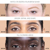 Three pairs of before-and-after images showcasing eyebrow transformations: first pair highlights deepening brow shade, second pair shows groomed and defined brows, and third pair demonstrates filling in sparse areas.