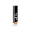 Elegant black cylindrical cosmetic bottle with a clear base, showcasing a beige liquid foundation inside, branded with "OFIR" in bold white lettering.