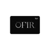 Black gift card displaying "OFIR" in silver lettering with a $50 value in the corner.